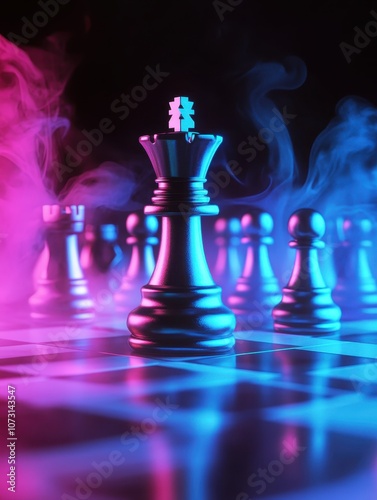 Chess Pieces with Neon Lighting	