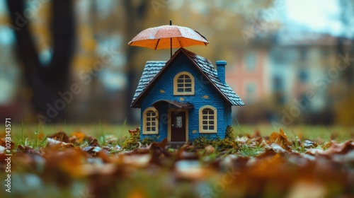 Charming Miniature House with Orange Umbrella Surrounded by Autumn Leaves in a Serene Garden Setting, Evoking Warmth and Nostalgia in Fall Atmosphere