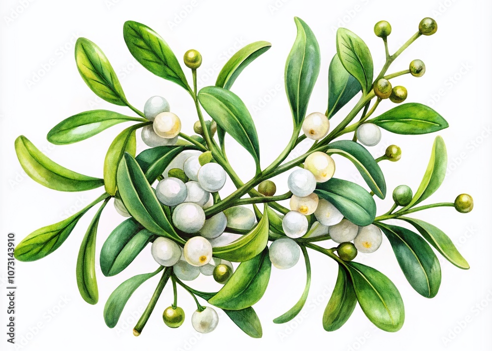 Watercolor Illustration of Mistletoe Branch Isolated on White Background, Perfect for Holiday Decor and Seasonal Designs Featuring Delicate Green Leaves and White Berries Watercolor Illustration of Mistletoe Branch Isolated on White Background, Perfect for Holiday Decor and Seasonal Designs Featuring Delicate Green Leaves and White Berries