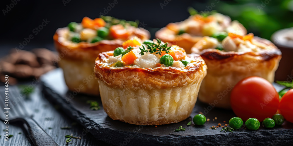 Golden mini chicken pot pie muffins with a flaky crust and creamy filling of chicken. AI generative. Golden mini chicken pot pie muffins with a flaky crust and creamy filling of chicken. AI generative.