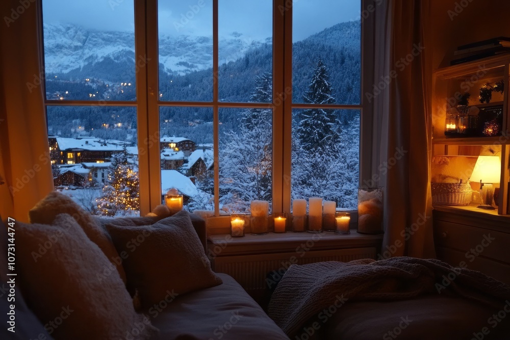 Fototapeta premium Cozy Cabin Interior with Window View of Snowy Mountains and Town