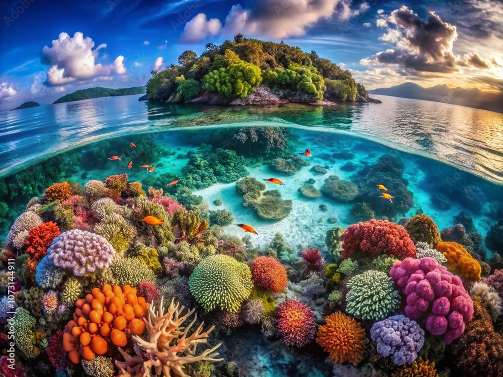 Naklejka premium Whimsical Undersea Coral Reef Adventure Captured by Drone Photography Showcasing Vibrant Marine Life and Stunning Coral Formations in Crystal Clear Waters
