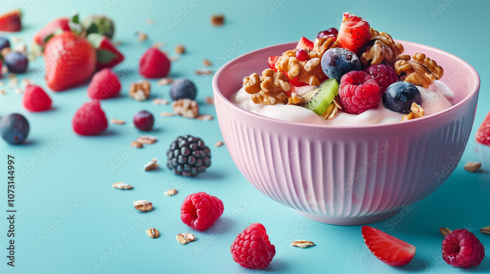 Creative Yogurt Dessert with Fruits in a Pink Bowl on Blue Food Background Creative Yogurt Dessert with Fruits in a Pink Bowl on Blue Food Background