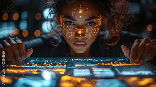 Future-Ready Business Professionals Analyzing Market Data with AI at Smart Desk