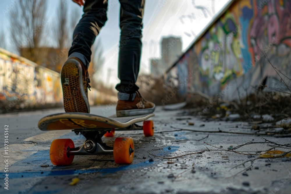 Skateboarder is balancing on a skateboard in an urban setting with graffiti in the background Skateboarder is balancing on a skateboard in an urban setting with graffiti in the background