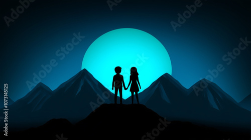 Silhouetted Couple Holding Hands on Mountain with Full Moon Backdrop