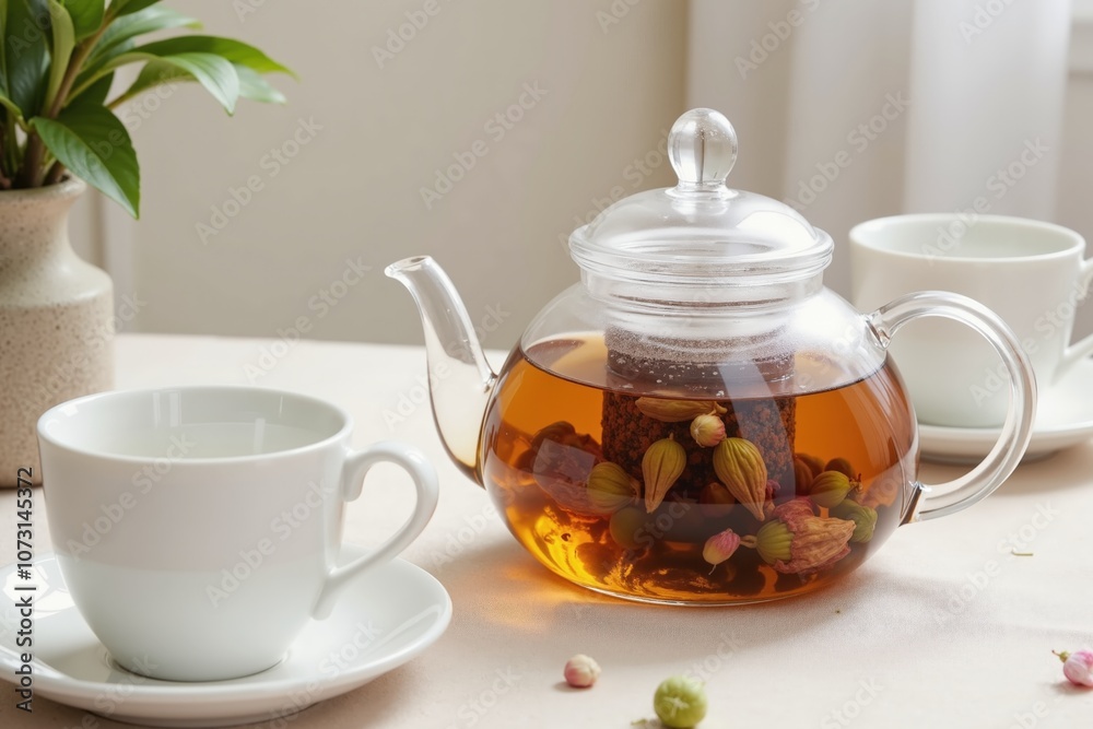 Glass teapot with floral tea and white cups on a sunlit table Glass teapot with floral tea and white cups on a sunlit table