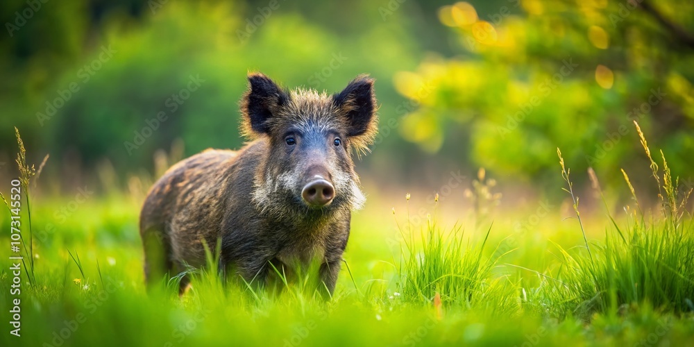 Wild Boar in Summer Grass: A Tilt-Shift Photography Perspective of Sus Scrofa Captured from a Low Angle with a Blurred Background for Nature Enthusiasts Wild Boar in Summer Grass: A Tilt-Shift Photography Perspective of Sus Scrofa Captured from a Low Angle with a Blurred Background for Nature Enthusiasts