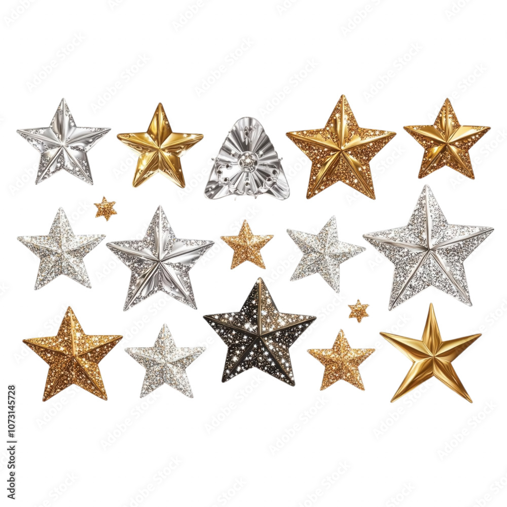 A collection of decorative star shapes in silver, gold, and crystal, showcasing various sizes and textures. A collection of decorative star shapes in silver, gold, and crystal, showcasing various sizes and textures.