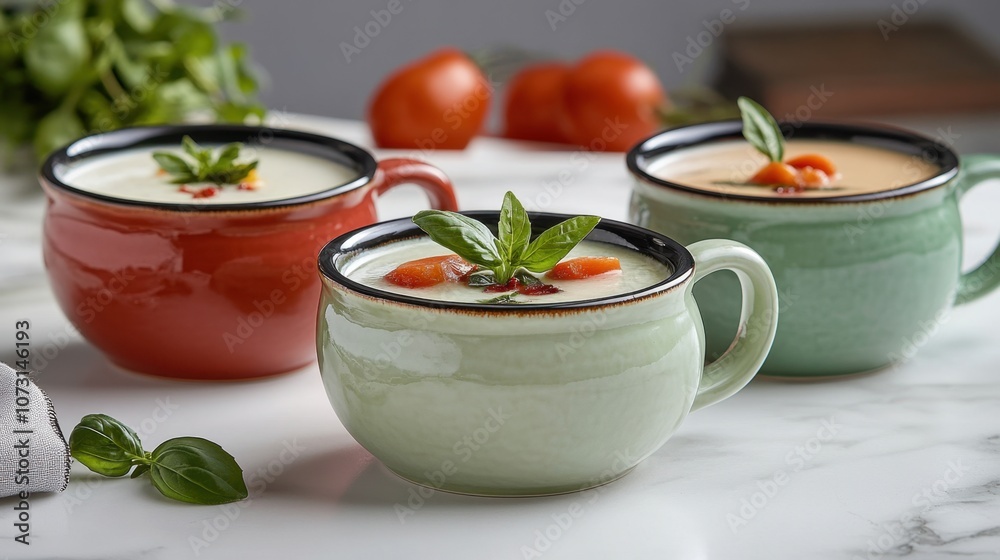 Fresh and Creamy Tomato Soup with Basil in Colorful Bowls on a Marble Tabletop Surrounded by Fresh Ingredients and Vibrant Tomatoes Fresh and Creamy Tomato Soup with Basil in Colorful Bowls on a Marble Tabletop Surrounded by Fresh Ingredients and Vibrant Tomatoes