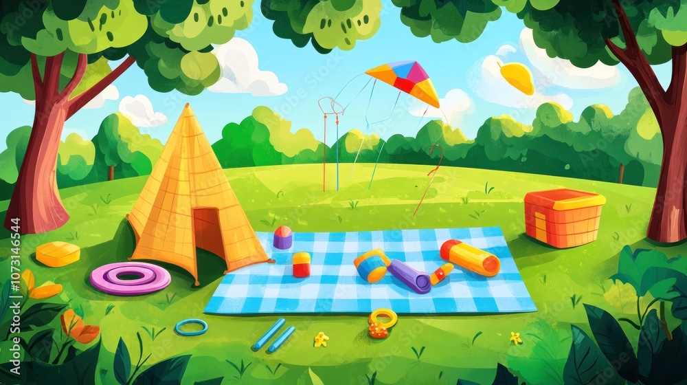 Naklejka premium A colorful picnic blanket with a variety of toys and a tent on a grassy hill in a lush park.