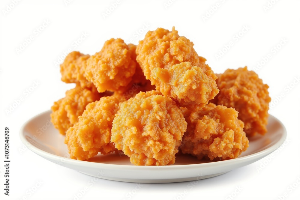 Crispy golden fried chicken nuggets on white plate - perfect snack for any occasion Crispy golden fried chicken nuggets on white plate - perfect snack for any occasion