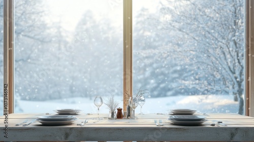 Table Setting with Snowfall View from Window photo