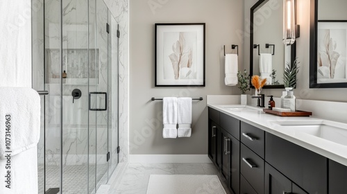 Modern Elegant Bathroom Design with Glass Shower, Dark Cabinetry, Minimalist Decor, and Natural Touches for a Relaxing Aesthetic Experience