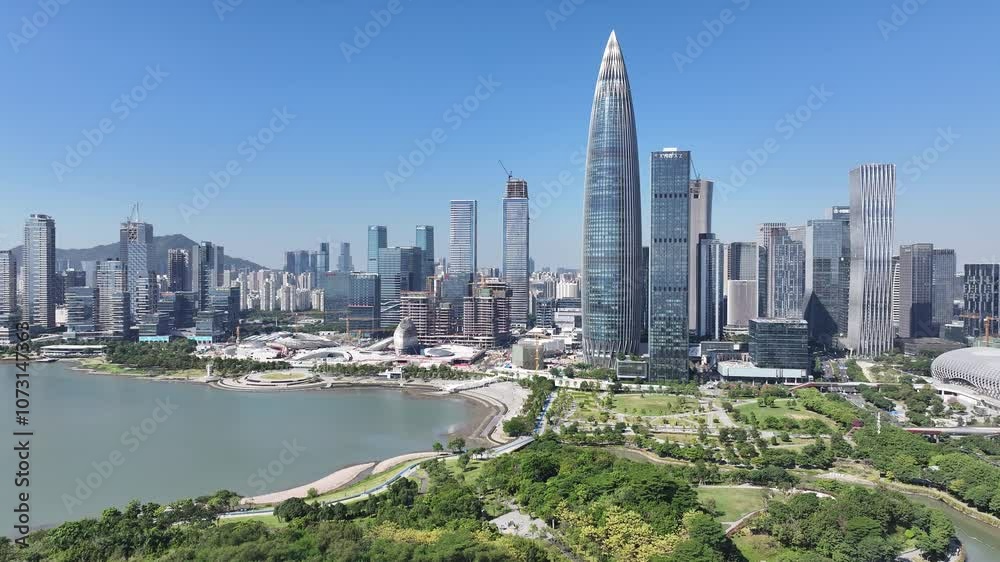 Skyview the coastal ecological landscape of China Greater Bay Area Shenzhen near Hong Kong with city rapid growth technological innovation and diverse culture showcasing a financial manufacturing hub.
