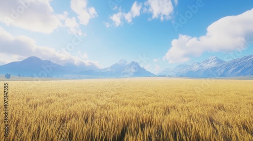 A serene landscape featuring golden fields and distant mountains under a bright blue sky.