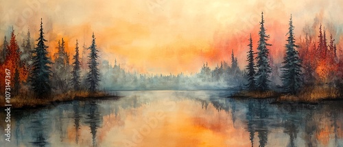 Serene Sunset Over Calm Lake with Autumn Trees