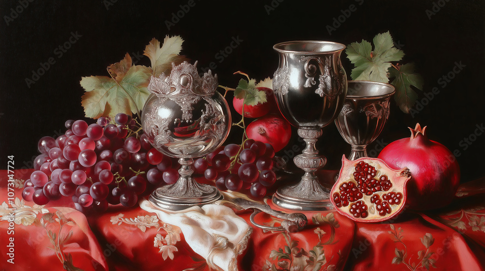 Still Life with Baroque-Inspired Silver Goblets and Fruit