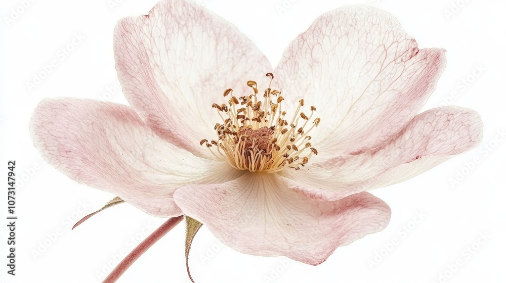 Naklejka premium Delicate pink flower macro with detailed petals and stamen on white background