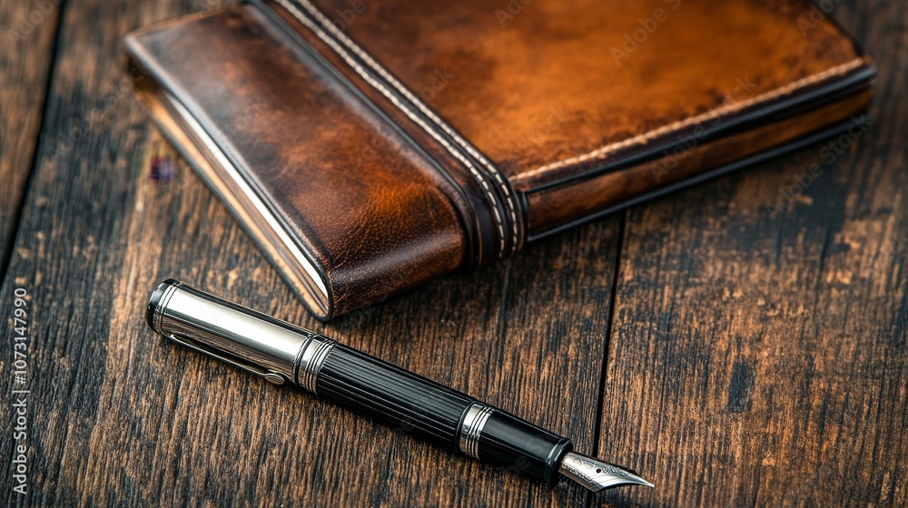 A stylish fountain pen rests beside a leather-bound notebook on a wooden surface. A stylish fountain pen rests beside a leather-bound notebook on a wooden surface.