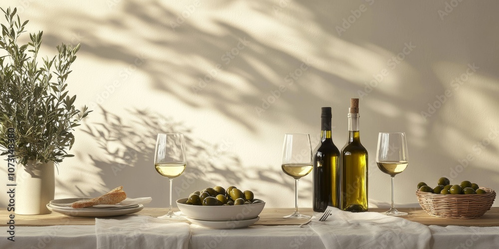 Dining Table with Decorative Bottles of Olive Oil Dining Table with Decorative Bottles of Olive Oil