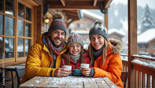 Cozy winter family gathering on chalet balcony with warm drinks