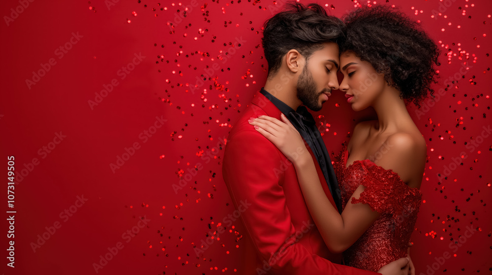 Romantic couple in elegant red attire embracing against sparkling background Romantic couple in elegant red attire embracing against sparkling background