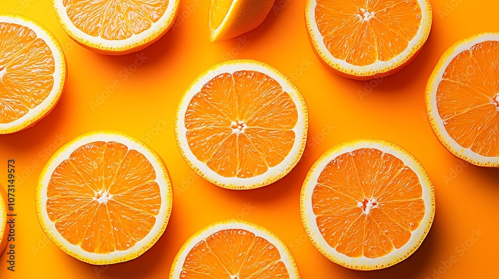 Sliced Oranges Arranged on a Vibrant Orange Background Sliced Oranges Arranged on a Vibrant Orange Background