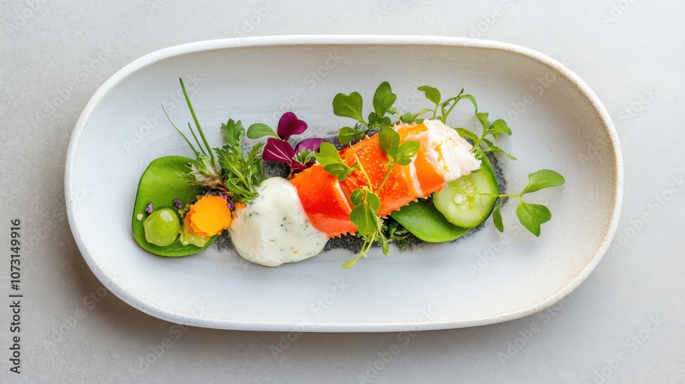 A colorful sushi dish garnished with fresh herbs and vegetables, elegantly arranged on a white plate. A colorful sushi dish garnished with fresh herbs and vegetables, elegantly arranged on a white plate.