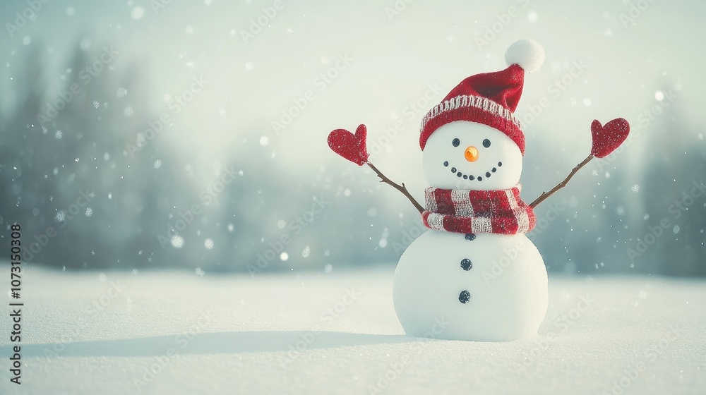 Fototapeta premium Cheerful Snowman in Falling Snow 