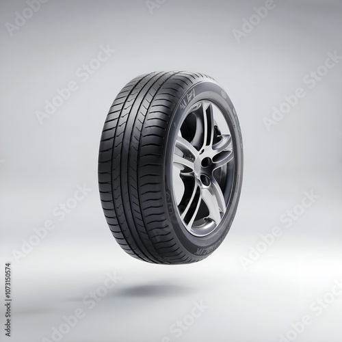 A 3D render of a car tire floating in the air. Isolated illustration on white background 