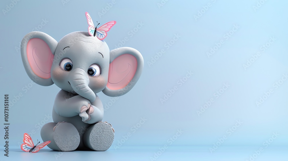 A cute cartoon baby elephant with butterflies on a light blue background. A cute cartoon baby elephant with butterflies on a light blue background.