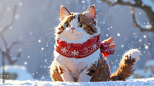 cat wearing a red scarf with snowflakes  sitting in the white snow cartoon anime winter background 