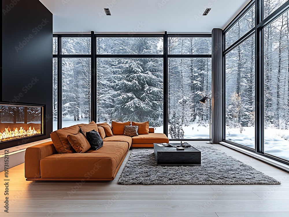 Fototapeta premium Luxury Modern Living Room with Panoramic Windows Overlooking a Snowy Forest : Generative AI