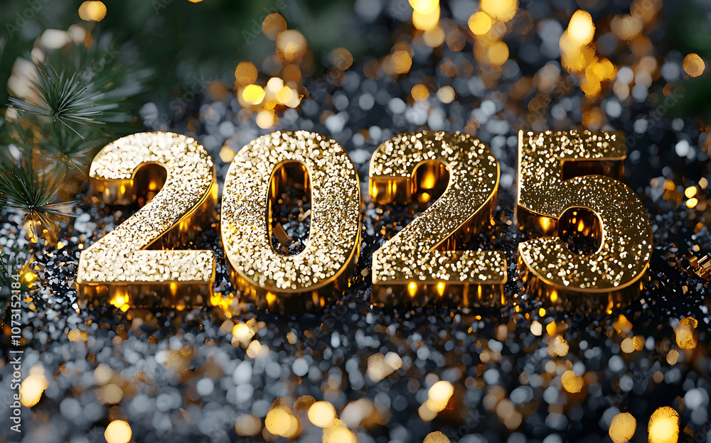 Sparkling golden numbers display the upcoming New Year 2025 amid festive decor. Generative AI. Sparkling golden numbers display the upcoming New Year 2025 amid festive decor. Generative AI.
