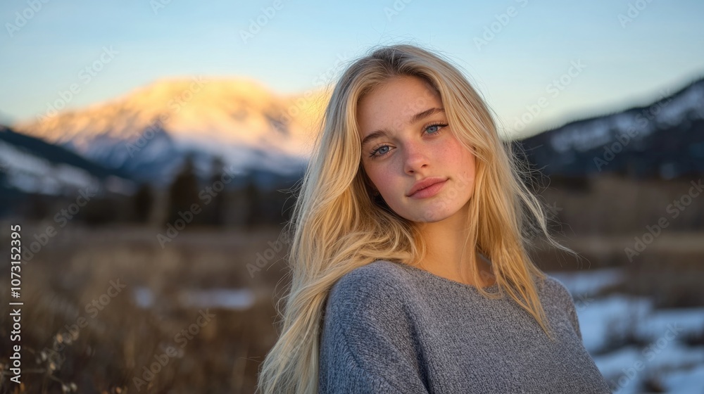 Blonde woman in mountainous landscape Blonde woman in mountainous landscape