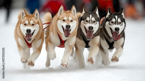 Exuberant Husky Dog Sled Team Races Through Winter Wonderland, Paws Flying in Snowy Pursuit. photo