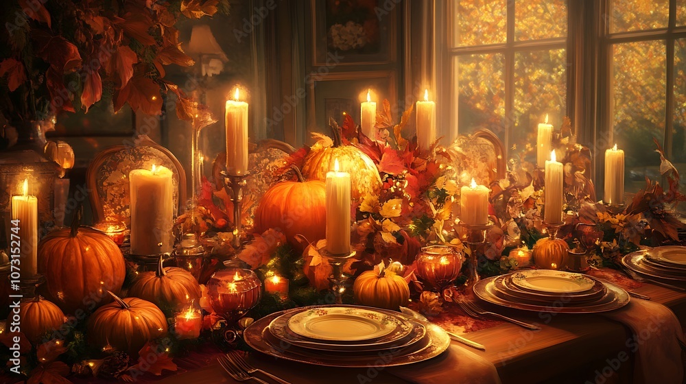 A Festive Thanksgiving Table Setting with Pumpkins, Candles, and Fall Foliage