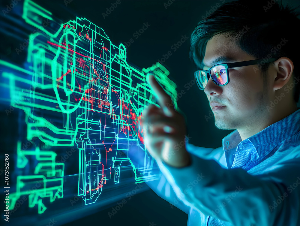A man interacts with a virtual interface displaying digital blueprints, showcasing advanced technology and innovation. A man interacts with a virtual interface displaying digital blueprints, showcasing advanced technology and innovation.