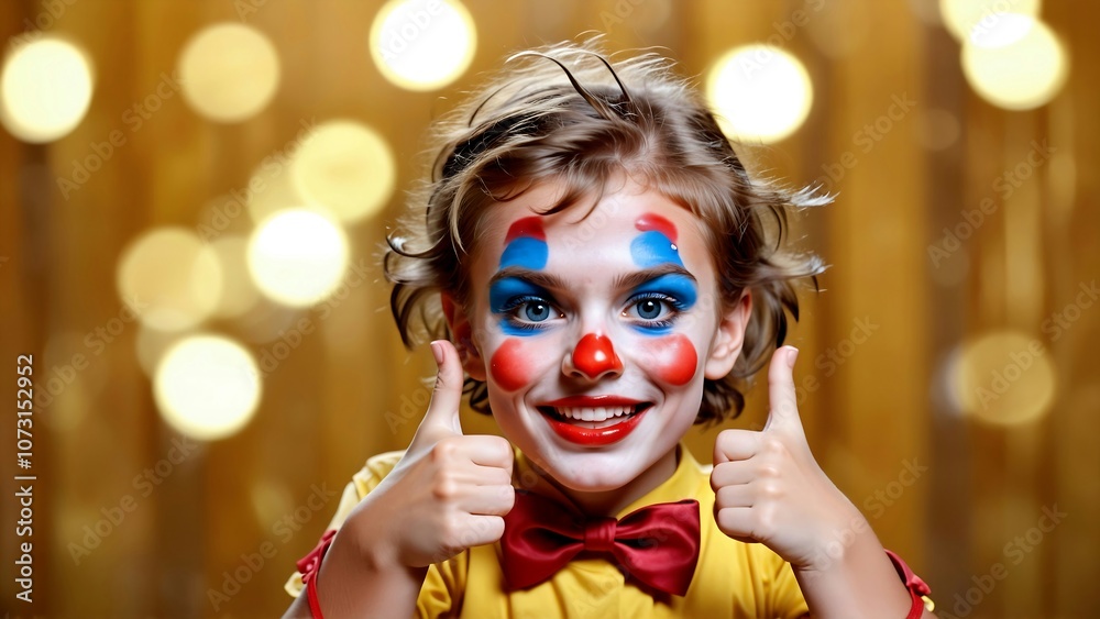 Portrait of a smiling clown withred nose.
