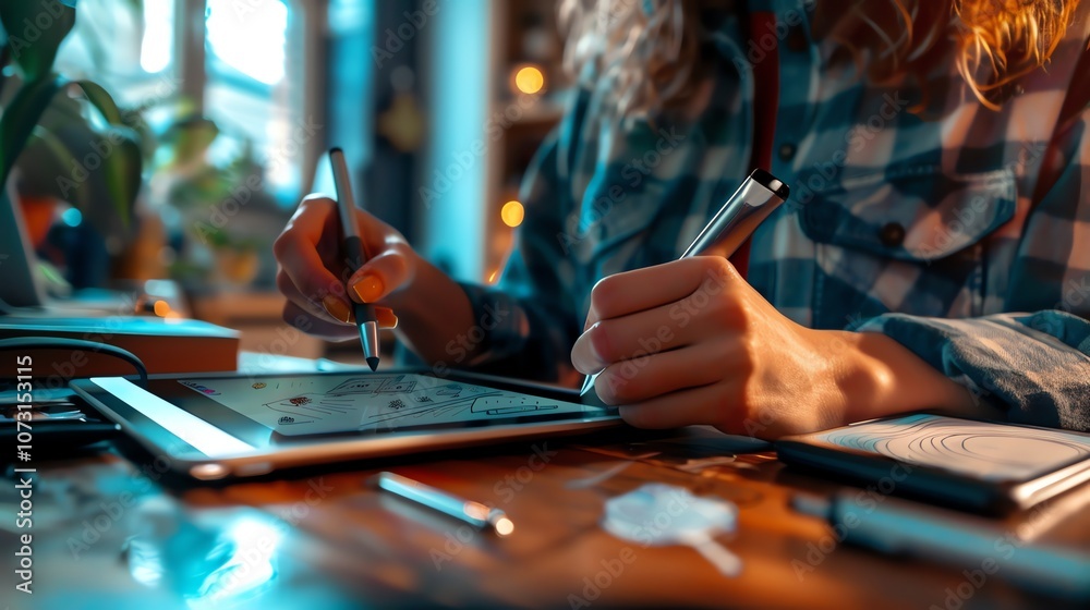 A woman draws on a tablet with a stylus. A woman draws on a tablet with a stylus.