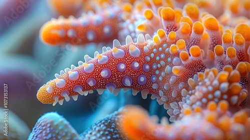 Starfish Regenerating a Limb, Extreme close-up of a starfishâ€™s regrowing limb, fine details on the new and old tissue, with a colorful coral background adding texture  photo