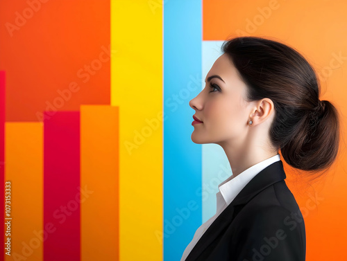 A profile view of a professional woman against a vibrant, multicolored background, symbolizing growth and progress in a business context. photo