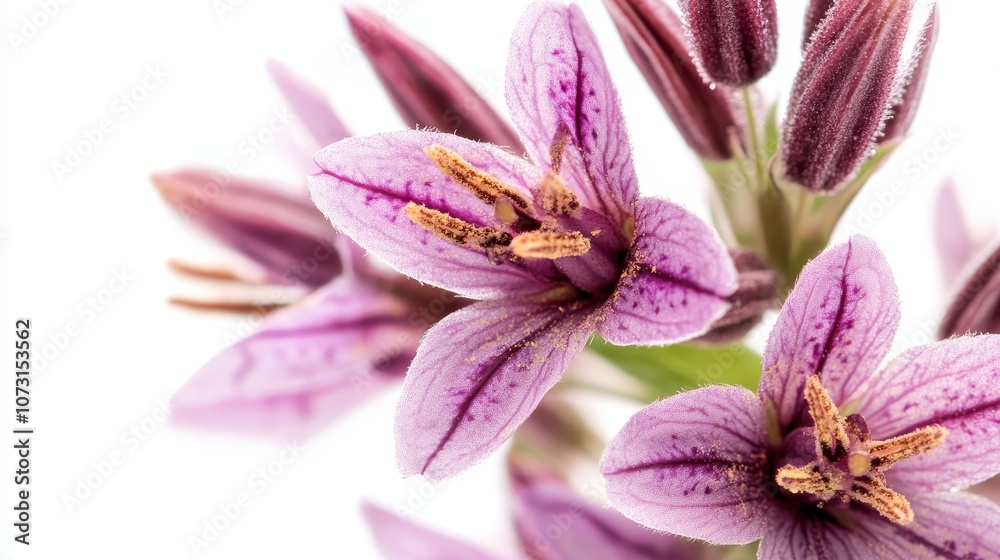 Close-up of vibrant purple lilies with delicate petals and stamen on a white background Close-up of vibrant purple lilies with delicate petals and stamen on a white background