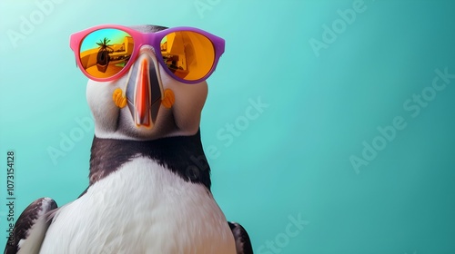 puffin light blue color background, vector art, digital art, faceted, minimal, abstract, panorama background. 
