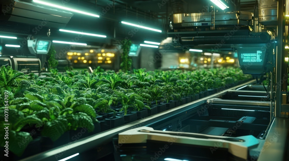 Naklejka premium A futuristic, high-tech indoor farm with rows of plants growing under artificial lights.