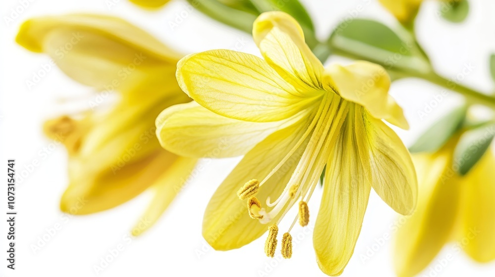 Obraz premium Close-up of yellow lily blossom on bright background