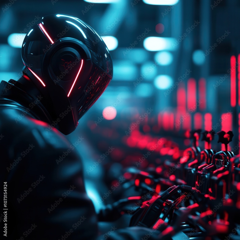 A futuristic figure in a helmet with neon lights operates high-tech equipment in a dimly lit environment.