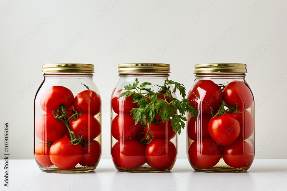 Vibrant red pickled tomatoes in a classic three liter jar with aromatic spices on white background Vibrant red pickled tomatoes in a classic three liter jar with aromatic spices on white background