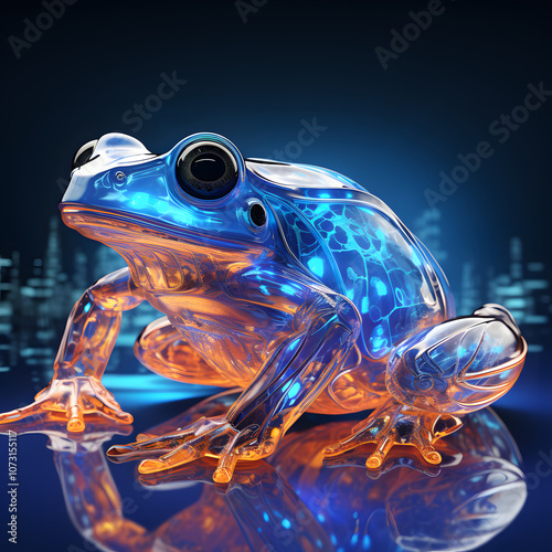 A vibrant, illuminated frog with translucent skin, showcasing an artistic and modern design against a futuristic backdrop.